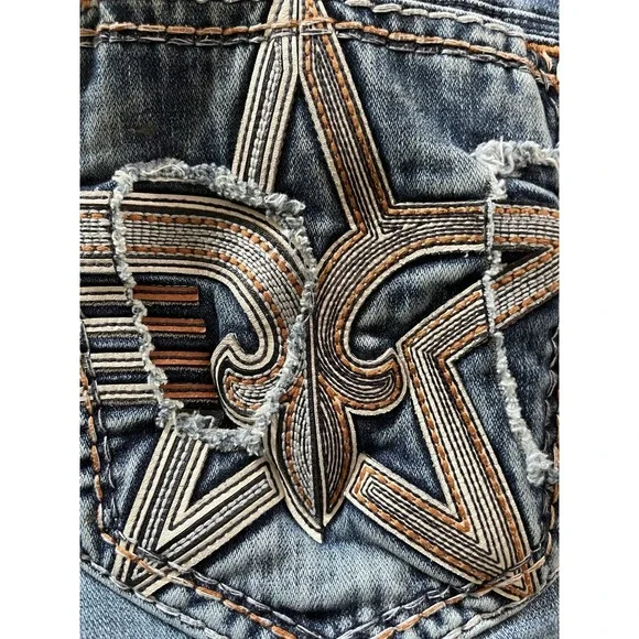 Rock Revival Jeans Men's 32x30 Selwyn Leather Insert Star Slim Taper Distressed - Picture 9 of 16